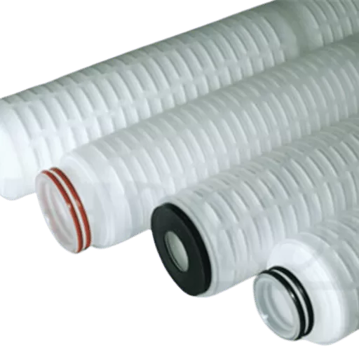 Cartuchos plisados para filtración fina de líquidos, con estructura de fibra de vidrio o polipropileno. Gran superficie efectiva.